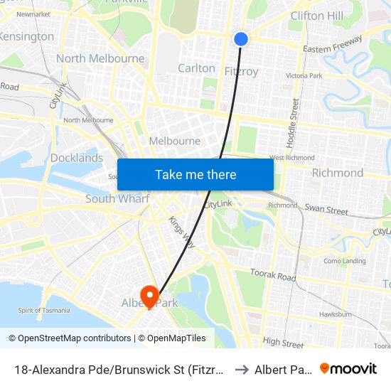 18-Alexandra Pde/Brunswick St (Fitzroy) to Albert Park map