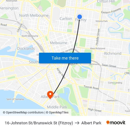 16-Johnston St/Brunswick St (Fitzroy) to Albert Park map