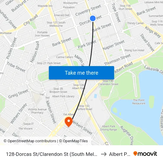 Dorcas St/Clarendon St #128 to Albert Park map