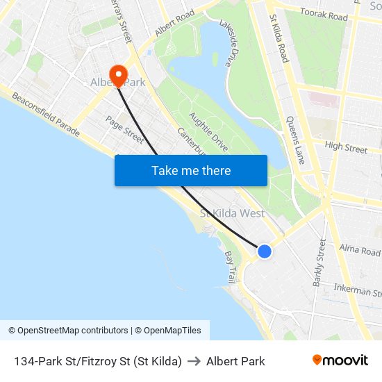 134-Park St/Fitzroy St (St Kilda) to Albert Park map