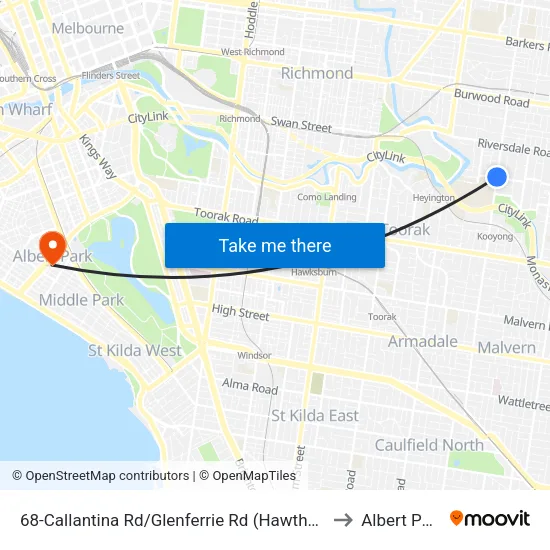 Callantina Rd/Glenferrie Rd #68 to Albert Park map