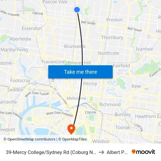 Mercy College/Sydney Rd #39 to Albert Park map