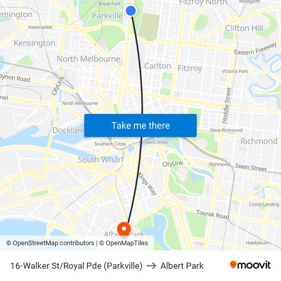 16-Walker St/Royal Pde (Parkville) to Albert Park map