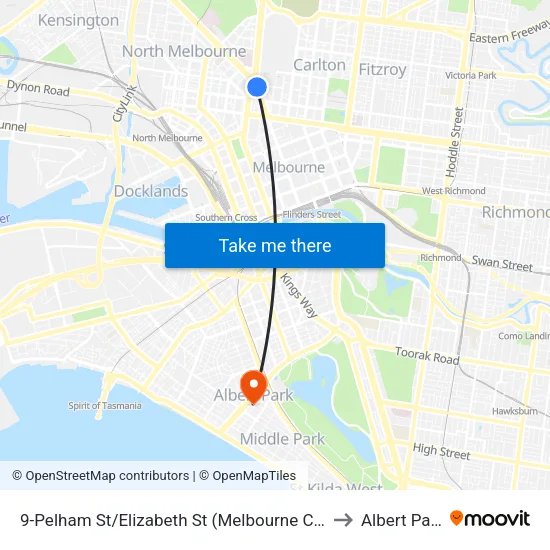 Pelham St/Elizabeth St #9 to Albert Park map