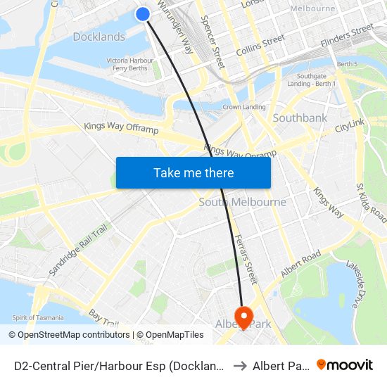 D2-Central Pier/Harbour Esp (Docklands) to Albert Park map