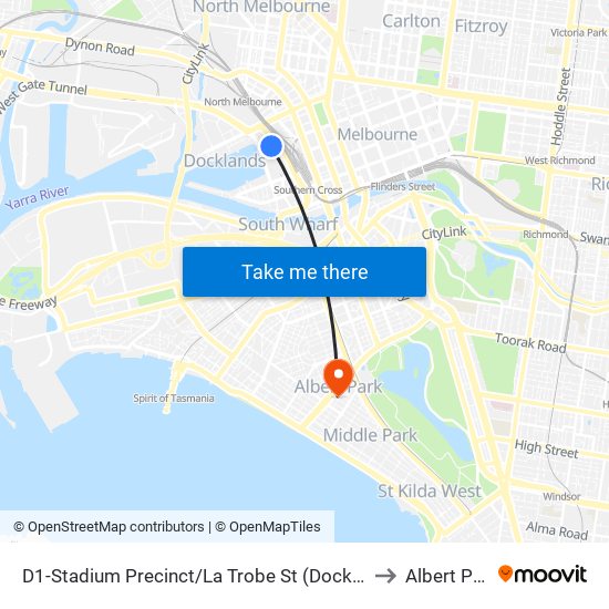 D1-Stadium Precinct/La Trobe St (Docklands) to Albert Park map