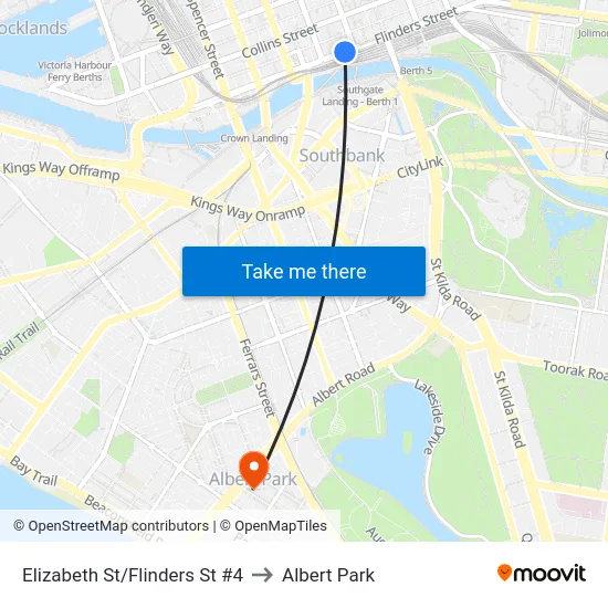 Elizabeth St/Flinders St #4 to Albert Park map