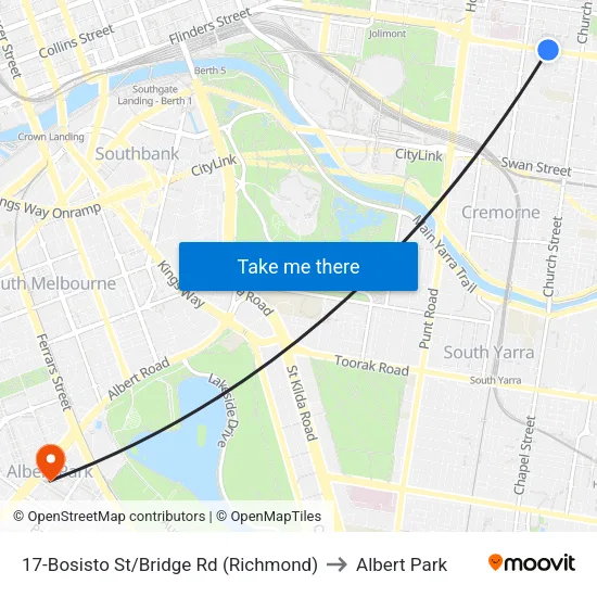 Bosisto St/Bridge Rd #17 to Albert Park map