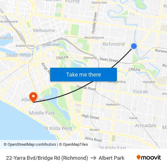 22-Yarra Bvd/Bridge Rd (Richmond) to Albert Park map