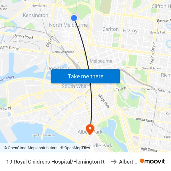 19-Royal Childrens Hospital/Flemington Rd (North Melbourne) to Albert Park map