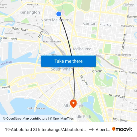 Abbotsford St Interchange/Abbotsford St #19 to Albert Park map