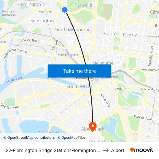 Flemington Bridge Station/Flemington Rd #22 to Albert Park map