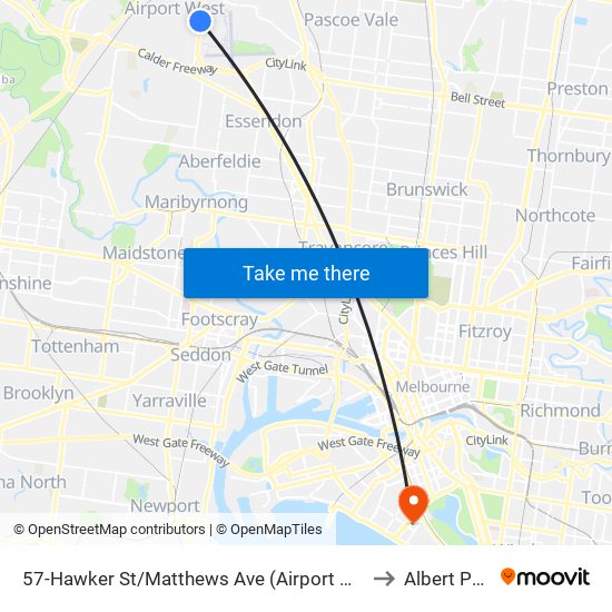 57-Hawker St/Matthews Ave (Airport West) to Albert Park map