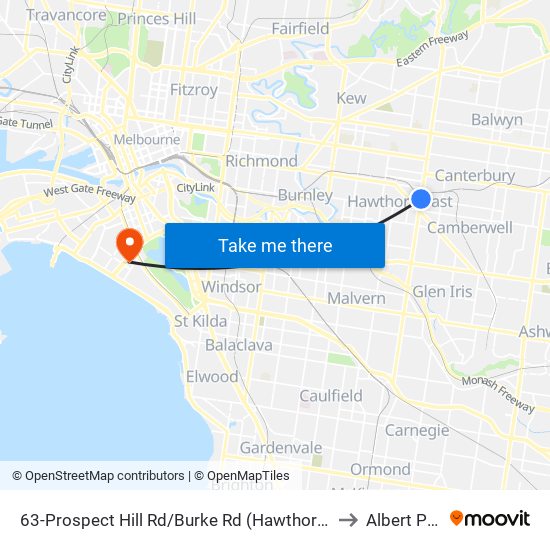 63-Prospect Hill Rd/Burke Rd (Hawthorn East) to Albert Park map