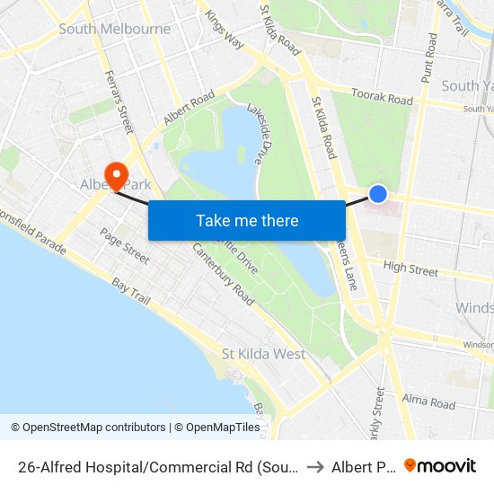 26-Alfred Hospital/Commercial Rd (South Yarra) to Albert Park map