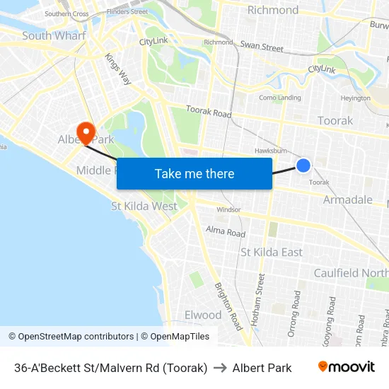 A'Beckett St/Malvern Rd #36 to Albert Park map