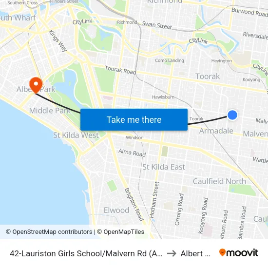 Lauriston Girls School/Malvern Rd #42 to Albert Park map