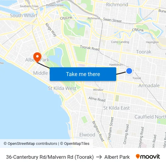 Canterbury Rd/Malvern Rd #36 to Albert Park map