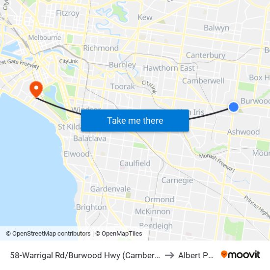 58-Warrigal Rd/Burwood Hwy (Camberwell) to Albert Park map