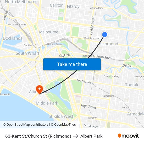 63-Kent St/Church St (Richmond) to Albert Park map