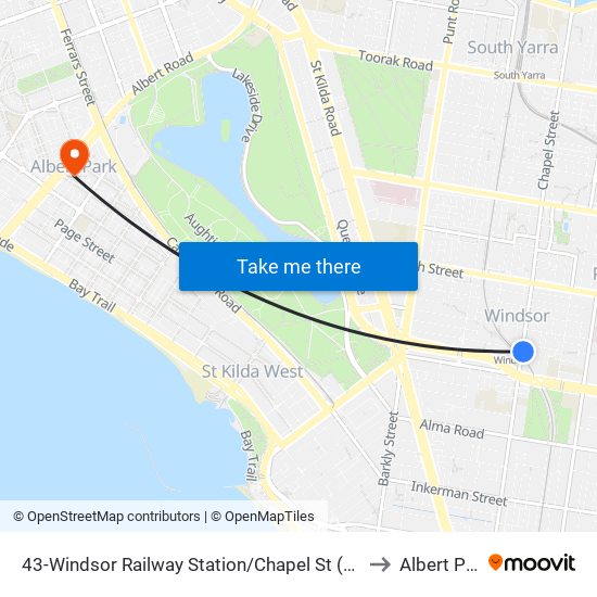 43-Windsor Railway Station/Chapel St (Prahran) to Albert Park map