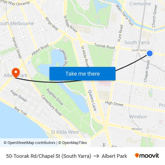 50-Toorak Rd/Chapel St (South Yarra) to Albert Park map