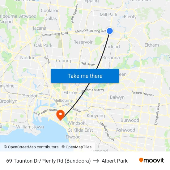 Taunton Dr/Plenty Rd #69 to Albert Park map