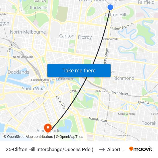 25-Clifton Hill Interchange/Queens Pde (Clifton Hill) to Albert Park map