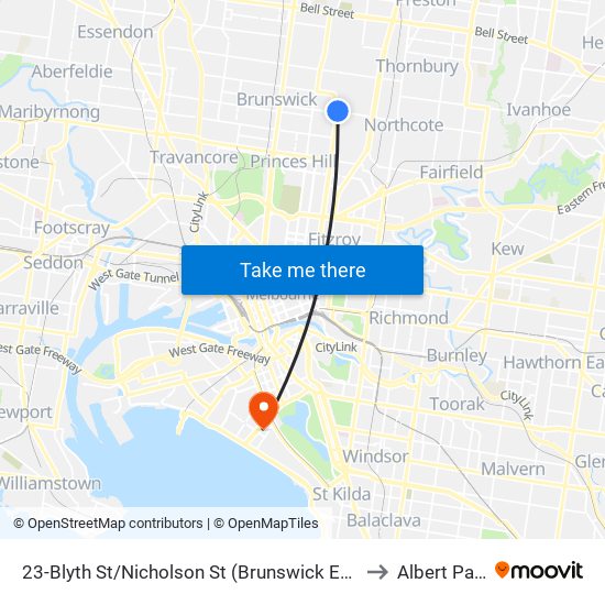 23-Blyth St/Nicholson St (Brunswick East) to Albert Park map