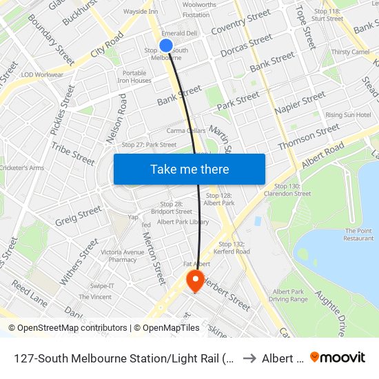 127-South Melbourne Station/Light Rail (South Melbourne) to Albert Park map