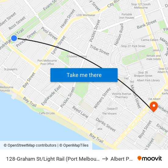 128-Graham St/Light Rail (Port Melbourne) to Albert Park map