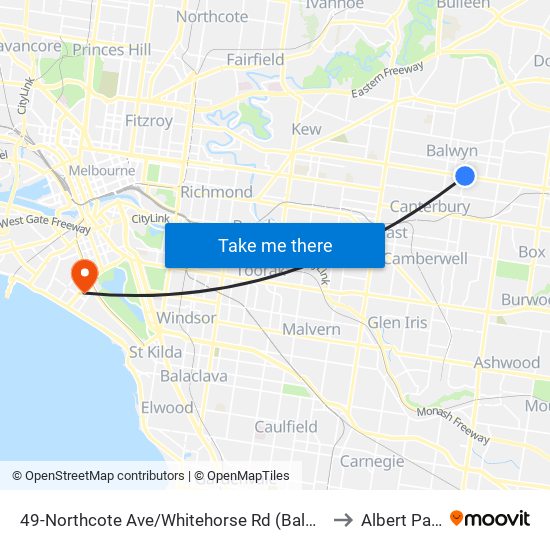 49-Northcote Ave/Whitehorse Rd (Balwyn) to Albert Park map