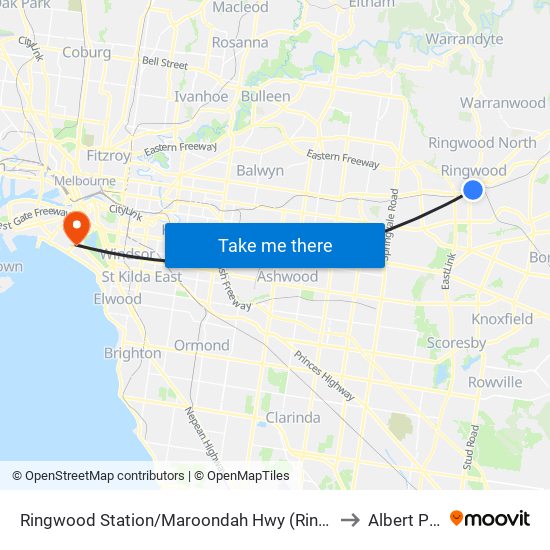 Ringwood Station/Maroondah Hwy (Ringwood) to Albert Park map