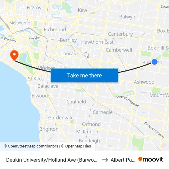 Deakin University/Holland Ave to Albert Park map