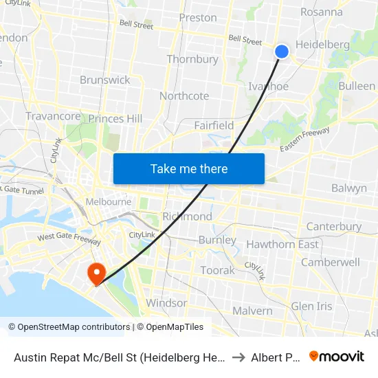 Austin Repat Mc/Bell St to Albert Park map