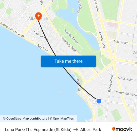 Luna Park/The Esplanade to Albert Park map