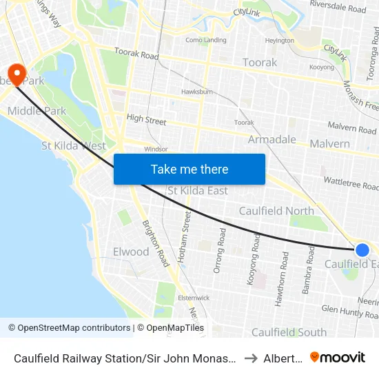 Caulfield Railway Station/Sir John Monash Dr to Albert Park map