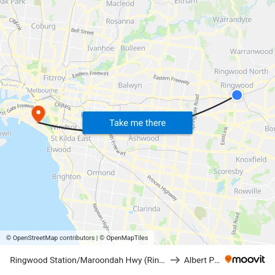 Ringwood Station/Maroondah Hwy to Albert Park map