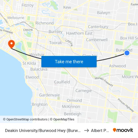 Deakin University/Burwood Hwy to Albert Park map