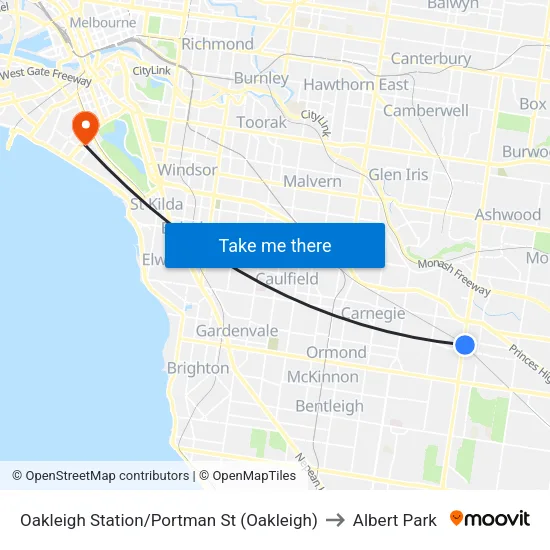 Oakleigh Station/Portman St to Albert Park map
