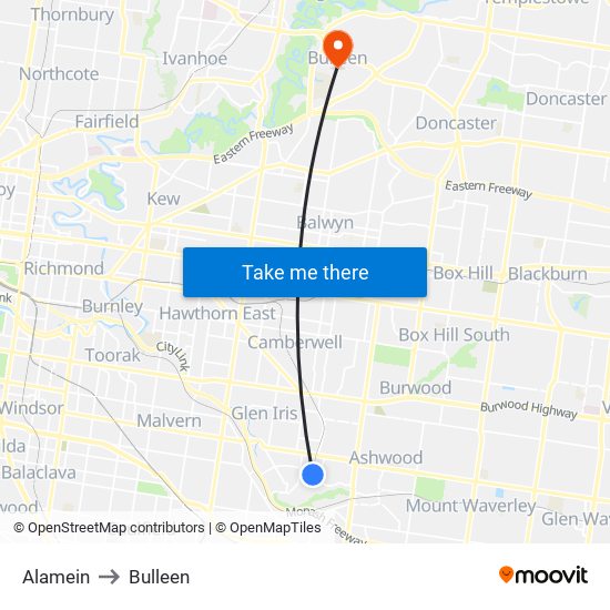 Alamein to Bulleen map