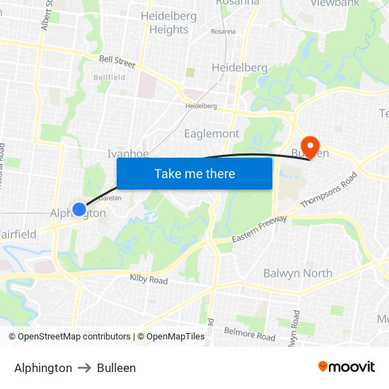 Alphington to Bulleen map