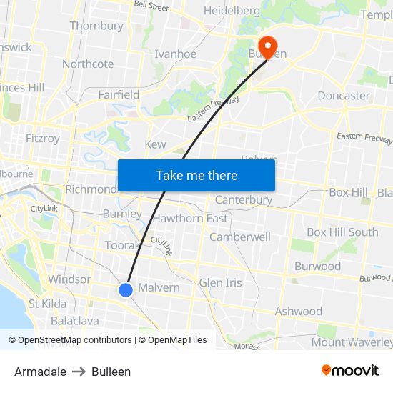 Armadale to Bulleen map