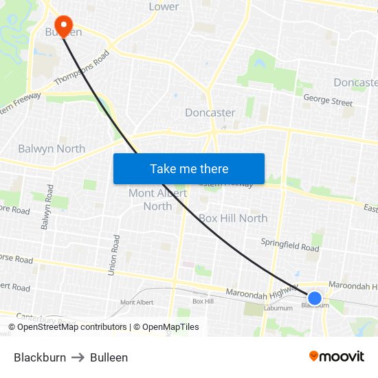 Blackburn to Bulleen map