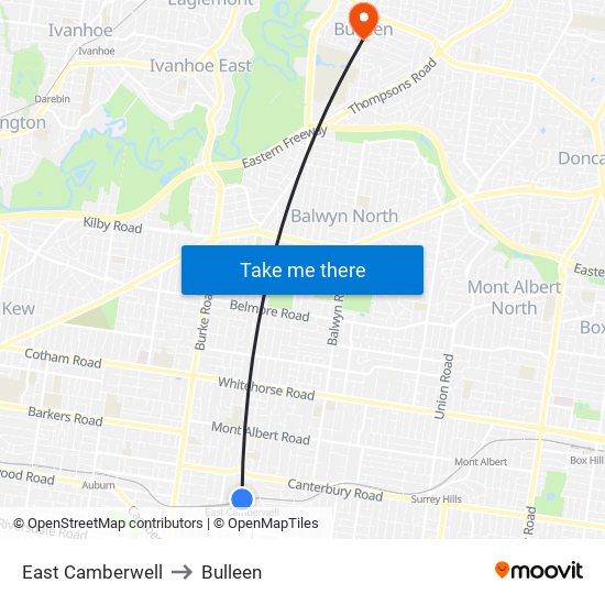 East Camberwell to Bulleen map