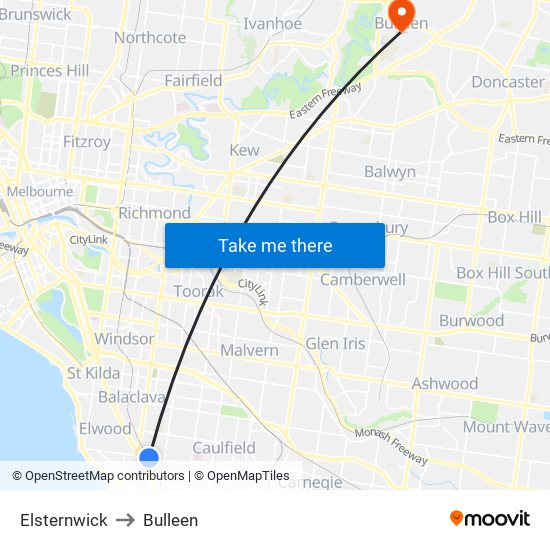 Elsternwick to Bulleen map