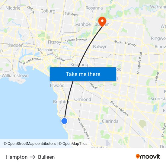 Hampton to Bulleen map