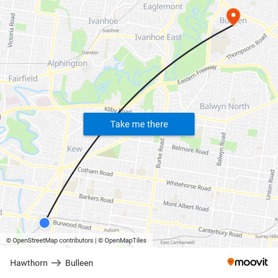 Hawthorn to Bulleen map