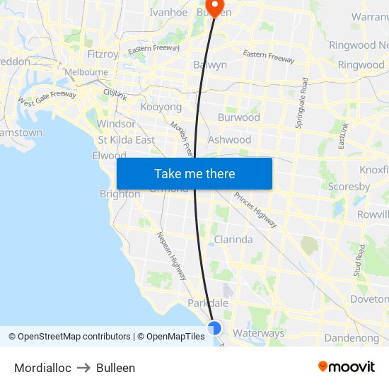 Mordialloc to Bulleen map