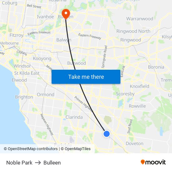 Noble Park to Bulleen map